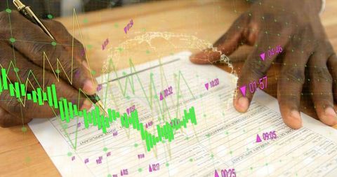 African american hands filling financial form with pen, market charts overlaying analytics