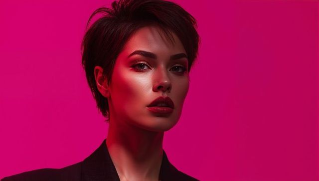 Short-haired model wearing black blazer and matte red lipstick under magenta lighting