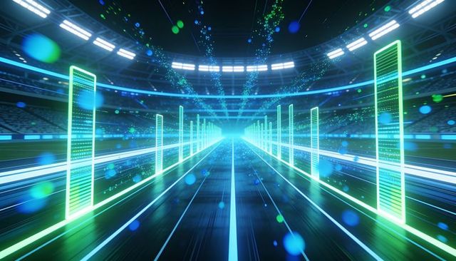 Neon futuristic arena corridor with glowing gate frames, led ring and motion particles