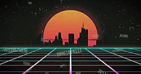 Abstract futuristic cityscape with grid overlay and data interface