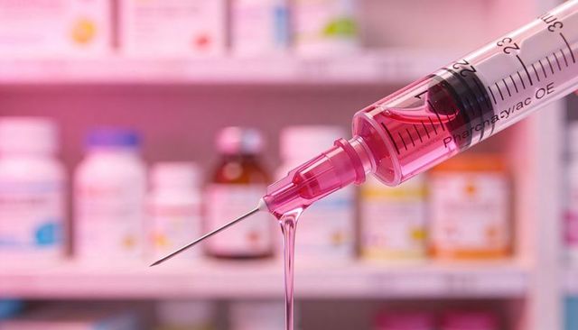 Syringe with pink fluid dripping from needle over blurred pharmacy shelves and medicine bottles