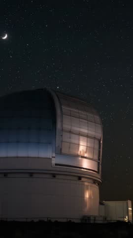 Observatory Dome Pivoting under Starry Sky with Crescent Moon | Vertical Night Video