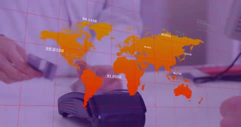 Customer tapping contactless card on POS while clerk holding reader with global payments map