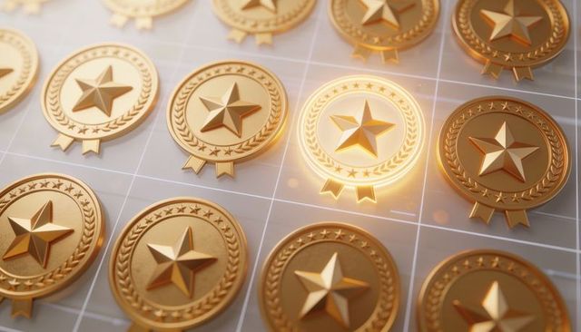 Gold medallion grid highlighting single star emblem with laurel wreath glow