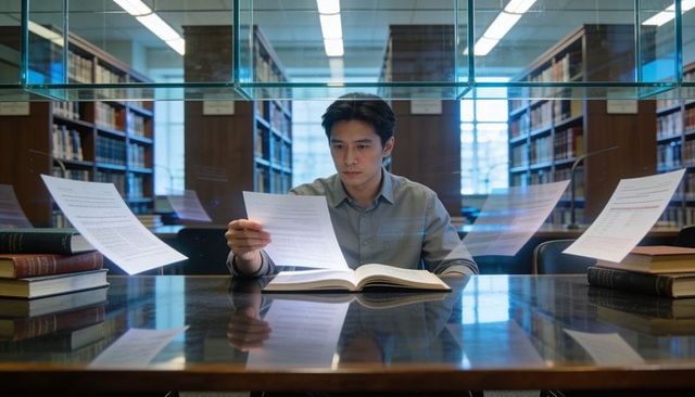 Studying man reading book in quiet library with reflective glass and floating pages