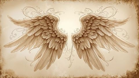 Ornate stylized angel wings with filigree on vintage backdrop