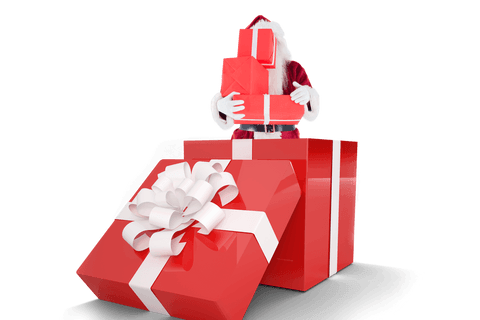 Transparent Santa Claus Popping Out of Giant Gift Box Holding Presents - Download Free Stock Videos Pikwizard.com