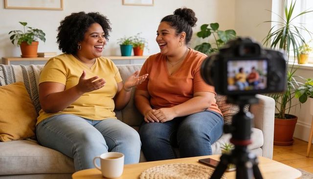 Two friends vlogging on sofa sharing lively conversation, laughter, cozy home atmosphere