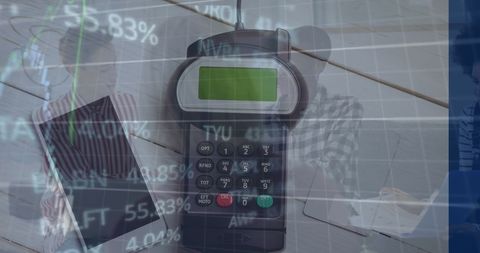 Financial Overlay on Wireless Transaction Device with Teamwork Theme - Download Free Stock Images Pikwizard.com