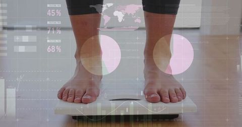 Female weighing on digital scale with health data hud overlays for fitness tracking
