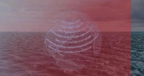 Holographic Code Globe Floating Over Open Sea with Red Overlay