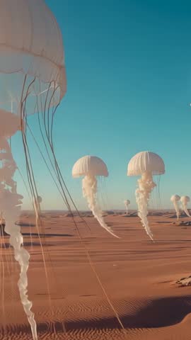 Drifting jellyfish forms gliding over desert dunes vertical surreal minimal loop video