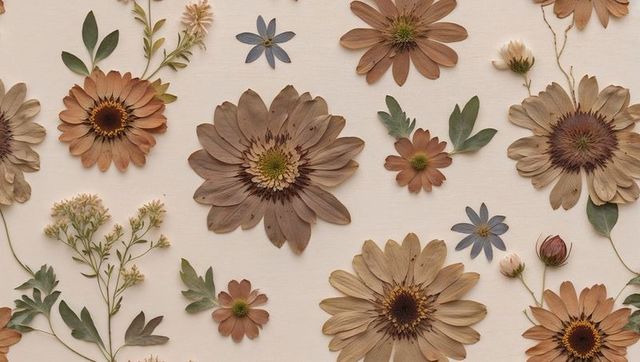 Rustic Pressed Floral Botanical Arrangement on Beige Paper