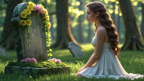 Young woman in white dress reflecting at well-maintained headstone, embracing forgiveness