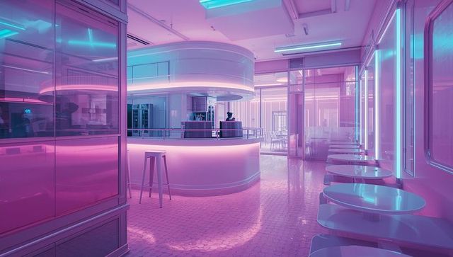 Futuristic Cafe Interior with Neon LED Lighting and Curved Bar