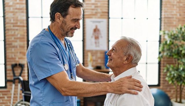 Smiling clinician comforting senior patient during rehabilitation consultation