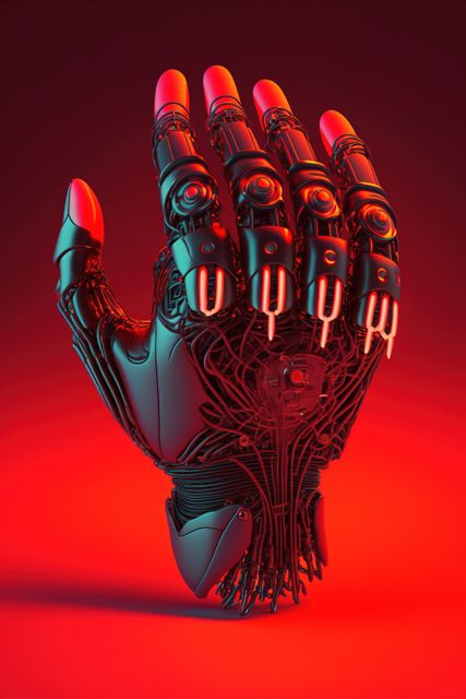 Robotic hand featuring intricate design and neon red highlights against vivid red background, ideal for illustrating innovation in technology, artificial intelligence, cybernetics, and futuristic themes. Suitable for tech industry presentations, sci-fi projects, and educational materials on robotic advancements.