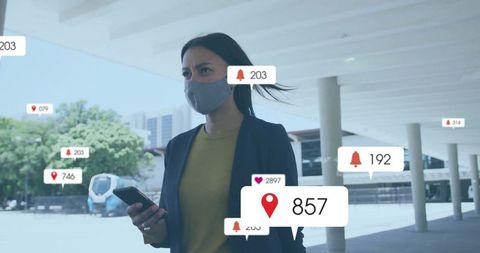 Businesswoman Engaged with Augmented Reality Icons Outdoors