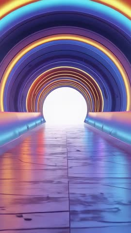 Entering Neon Tunnel: Vertical Futuristic Journey Through Reflective Rings into Radiant Exit
