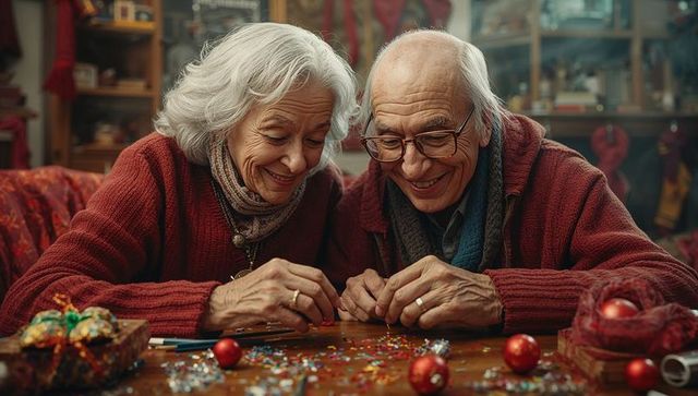 Elderly Couple Crafting Holiday Decorations with Love