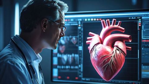 Male doctor analyzing 3d heart model in high-tech imaging lab to diagnose cardiovascular diseases