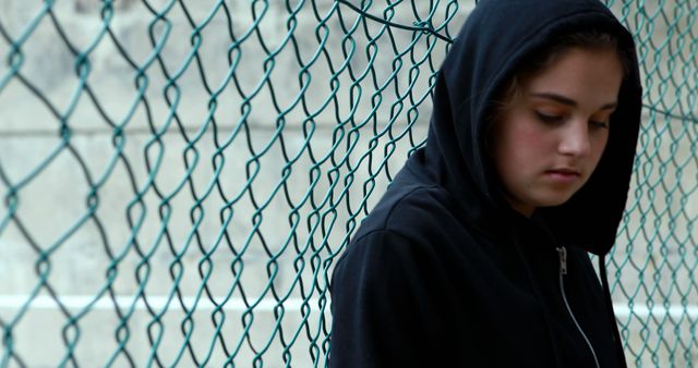 Teen in Hoodie Leaning Against Fence - Download Free Stock Images Pikwizard.com