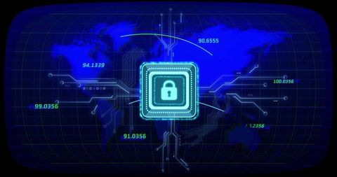Neon cyber security padlock chip over global network grid dashboard with glowing traces
