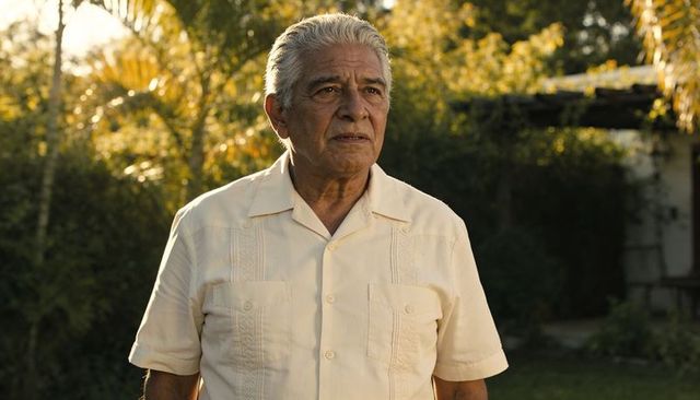 Thoughtful hispanic senior man standing sunlit backyard wearing beige guayabera shirt