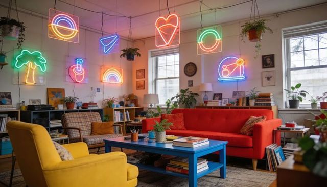 Colorful eclectic living room featuring red sofa, blue coffee table and neon wall art