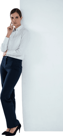 Transparent businesswoman leaning against blank wall