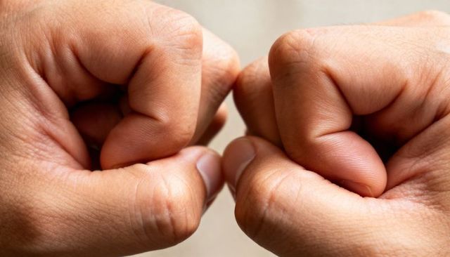 Macro close-up showing adult hands curling into fists highlighting skin texture detail