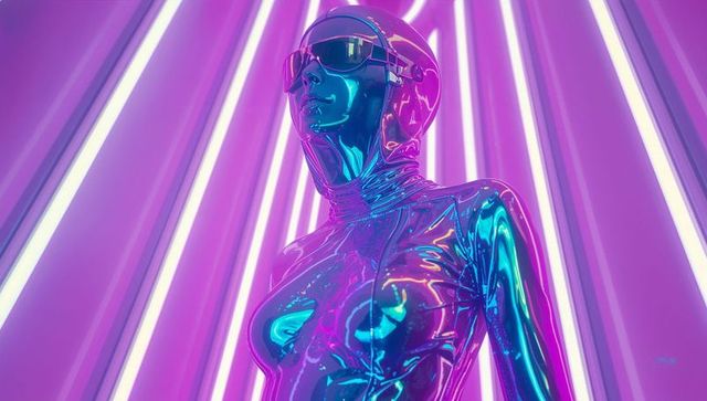 Futuristic chrome humanoid with neon reflections