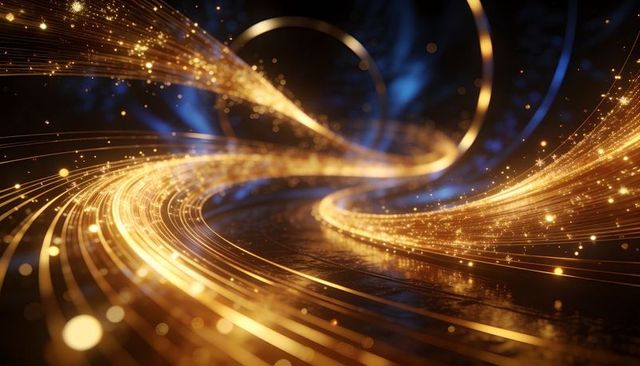 Curving golden light ribbons flowing over glossy surface with sparkling particles and ring