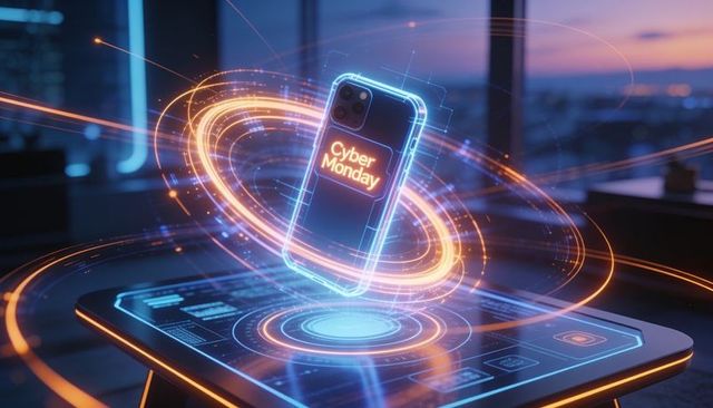 Levitating holographic smartphone displaying cyber monday deals with neon futuristic ui