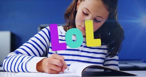 Schoolgirl Writing LOL in Notebook, Fun Learning Concept