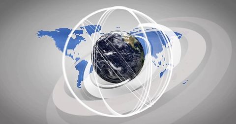 Spinning Earth Globe Orbiting with White Orbital Lines and Blue Dotted World Map
