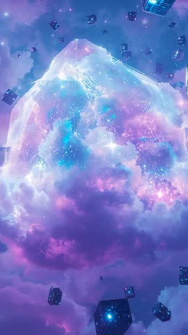 Vertical video: Glowing crystal dome pulsing teal with orbiting cubes drifting through purple nebula
