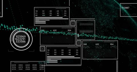 Abstract Data Processing Interfaces on Black Background