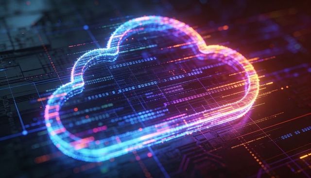Glowing holographic cloud representing data flow and network connectivity in neon circuit
