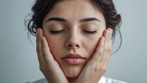 Serene introspection of woman holding cheeks in beautiful minimalist style