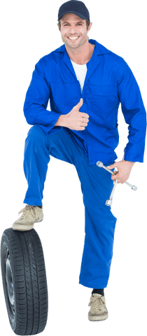 Transparent Mechanic Giving Thumbs Up with Tire and Wrenches