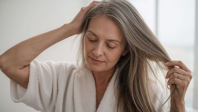 Serene mature woman examining long gray hair while touching strands in white bathrobe