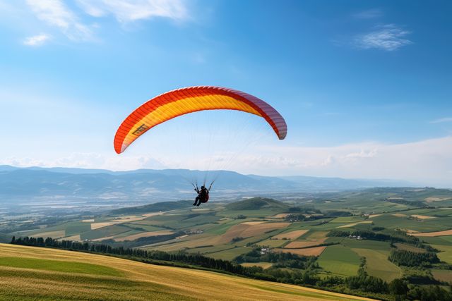 Paraglider drifting over countryside landscape with blue sky, created using generative ai technology - Download Free Stock Photos Pikwizard.com