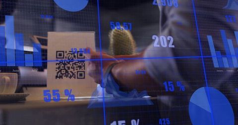 Hand presenting qr code card in cafe with blue data overlay for business analytics