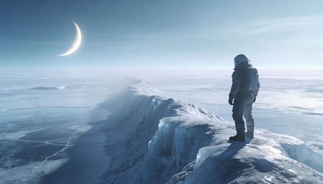 Astronaut standing on frozen ridge under crescent moon, icy alien horizon