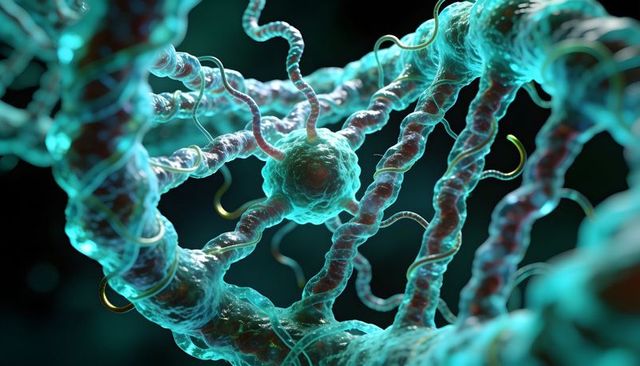 Glowing filamentous biomolecule network with twisted tubules and nodular junctions