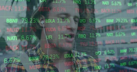 Man with Earphones Walking Amid Ticker Tape in City