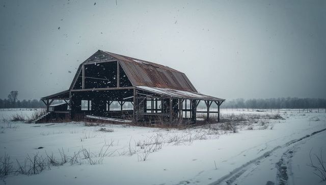 Rusting Barn Standing in Snow-Covered Field During Falling Snow and Overcast Winter Light
