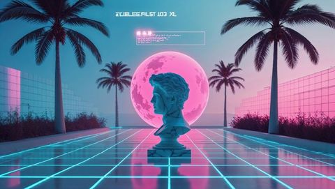 Futuristic neon grid landscape with marble bust and pink moon
