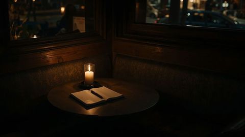 Quiet cafe booth with candlelit notebook for reflective journaling